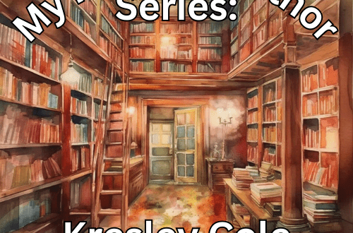 soft watercolor painting of multi level library with title written in white of My Favorite author series: Kresley Cole