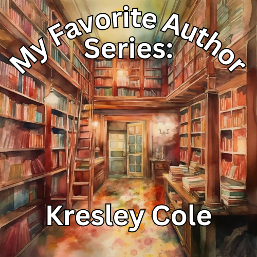 soft watercolor painting of multi level library with title written in white of My Favorite author series: Kresley Cole