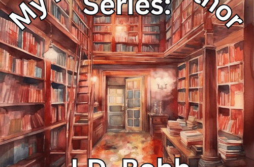 soft watercolor painting of multi level library with title written in white of My Favorite author seriesL JD Robb