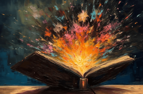 an oil painting of an open book with fireworks, in the style of Vincent Van Gogh, bold brushstrokes and vibrant colors, warm color temperature, capturing the intensity and excitement of the scene, an atmosphere of wonder and imagination