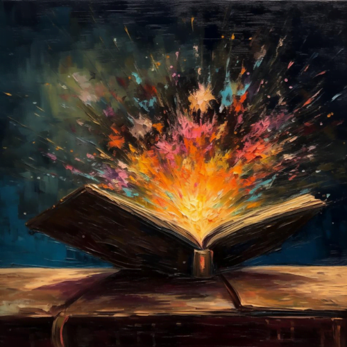 an oil painting of an open book with fireworks, in the style of Vincent Van Gogh, bold brushstrokes and vibrant colors, warm color temperature, capturing the intensity and excitement of the scene, an atmosphere of wonder and imagination