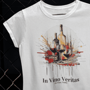 In Vino Veritas, In Wine Truth written underneath stylized wine and wine glass art